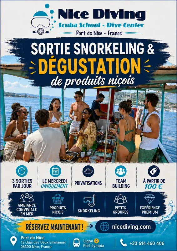 Affiche promotionnelle pour une sortie snorkeling avec dégustation de produits locaux