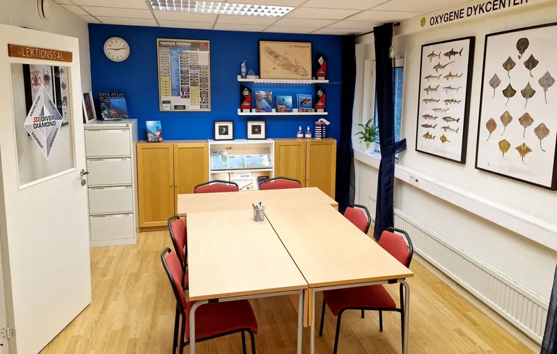 Salle de cours avec tables, chaises, affiches et décoration marine