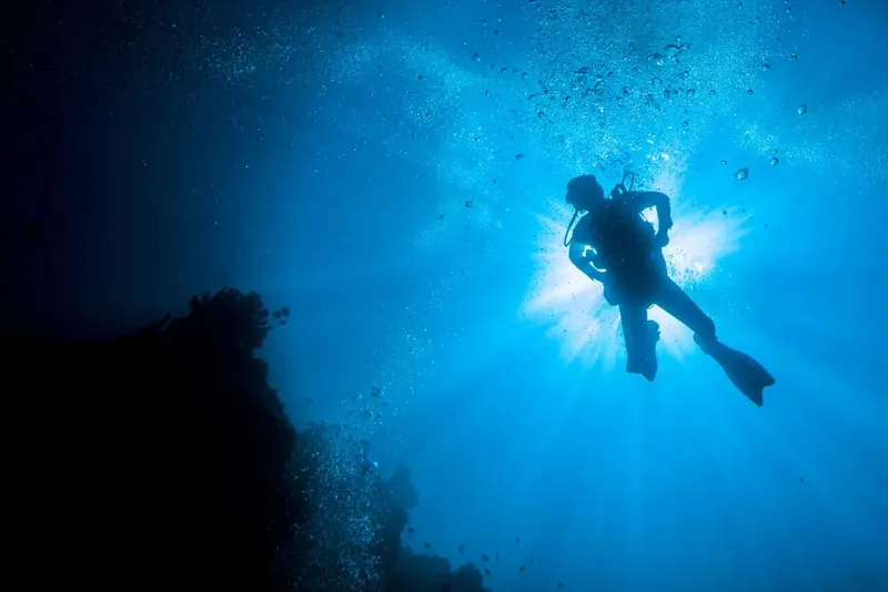 Plongeur silhouette sombre en pleine eau, lumière du soleil filtrant