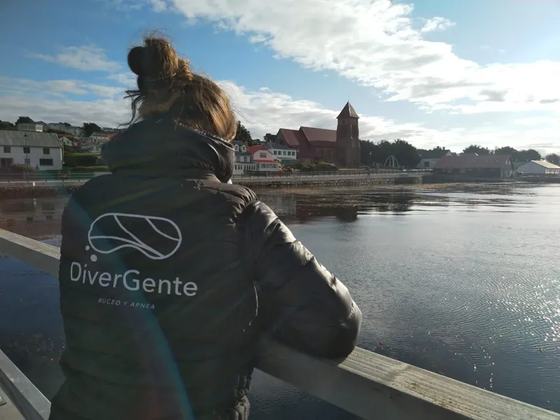 Dos d'une personne regardant un paysage côtier avec un logo