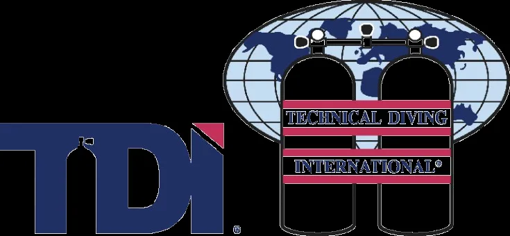 Logo TDI avec deux bouteilles de plongée et carte du monde