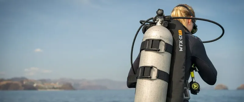 Plongeur équipé d'une bouteille et d'un gilet face à la mer