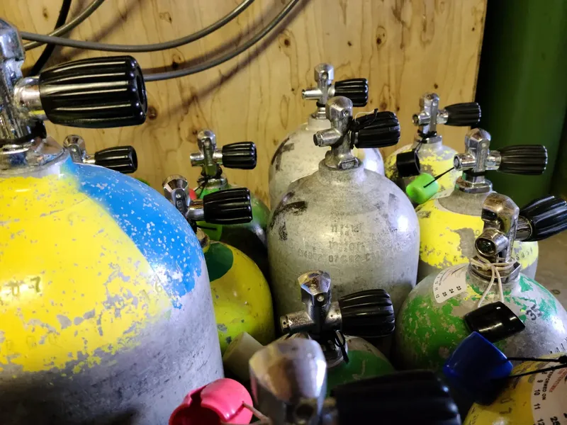 Bouteilles de plongée colorées, avec détendeurs, prêtes à être utilisées