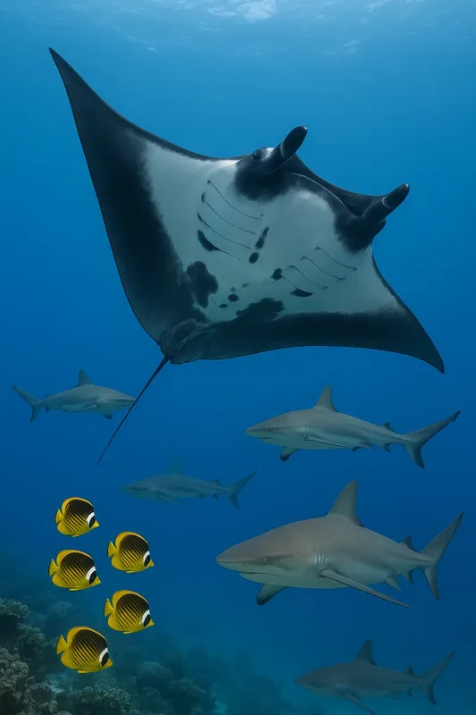 Raie manta majestueuse nageant avec des requins et poissons tropicaux