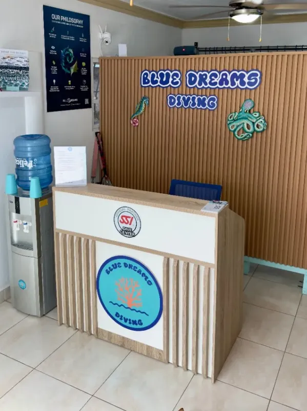 Comptoir d'accueil en bois d'un centre de plongée avec logo bleu