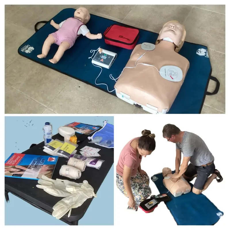 Formation premiers secours : mannequin, défibrillateur, pansements, et gestes de réanimation