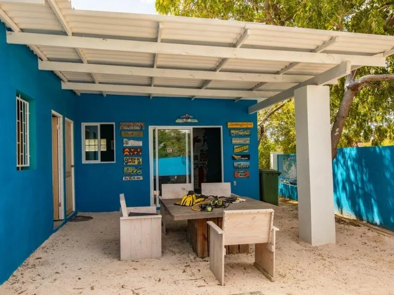 Terrasse ombragée avec table et chaises devant un bâtiment bleu