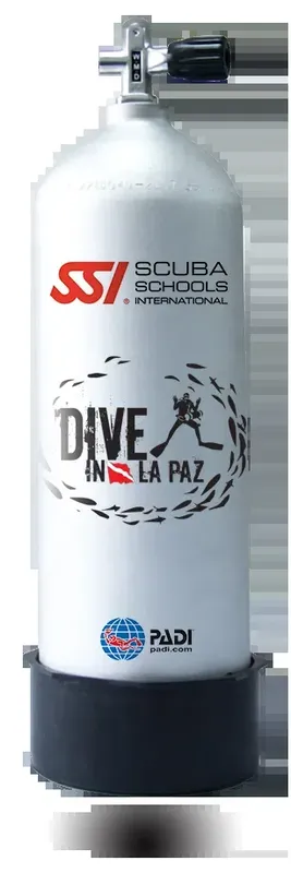 Bouteille de plongée avec logos SSI et PADI, illustration promotionnelle