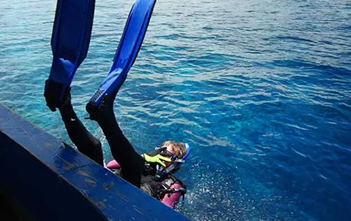 Plongeur s'apprête à entrer dans l'eau depuis un bateau bleu