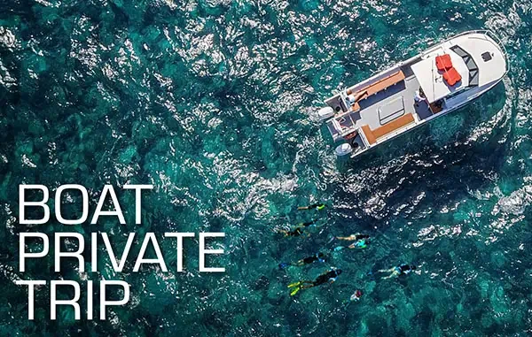 Vue aérienne d'un bateau de plongée et de plongeurs dans l'eau turquoise