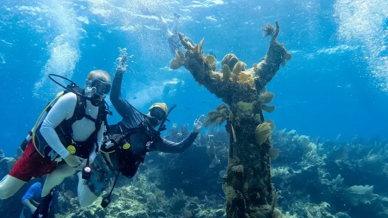 Deux plongeurs souriants interagissent avec une sculpture sous-marine corallienne