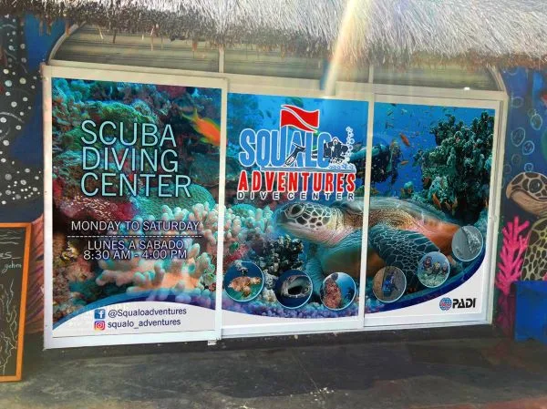 Devanture d'un centre de plongée avec des affiches colorées et le logo PADI