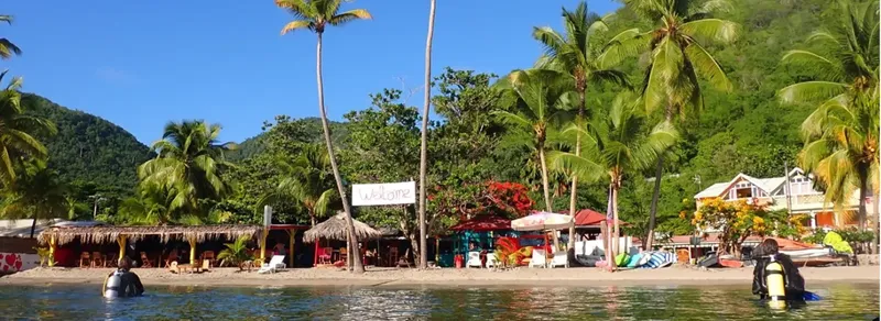 Plage tropicale avec bâtiments, palmiers et personnes se relaxant