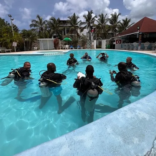 Groupe de plongeurs en formation dans une piscine avec équipement