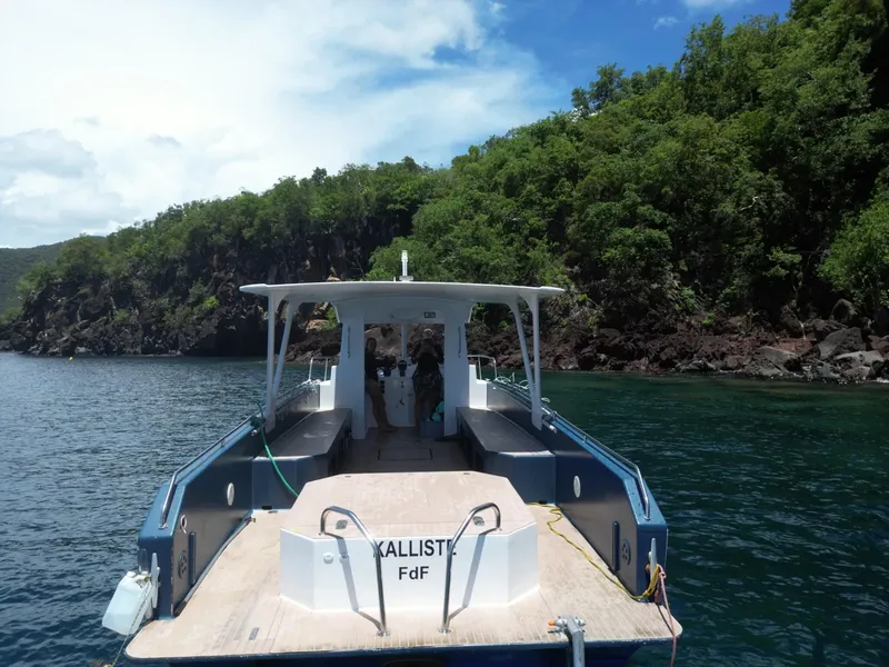 Bateau de plongée avec des personnes à bord, paysage côtier verdoyant