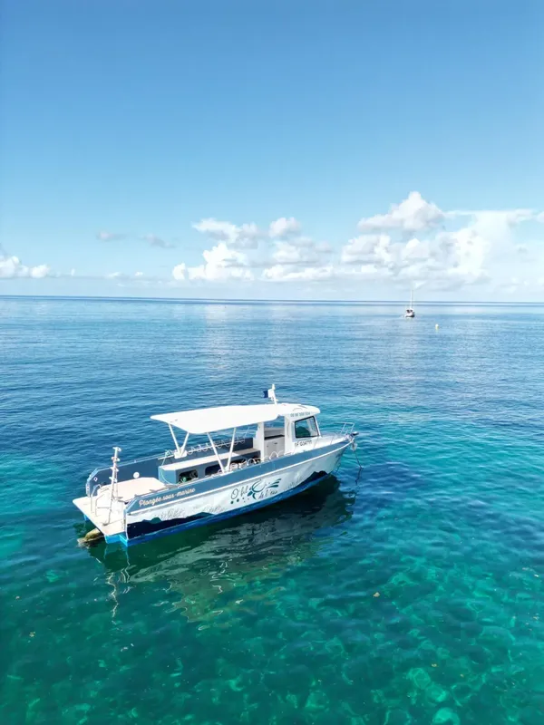 Bateau de plongée blanc et bleu sur une mer turquoise claire