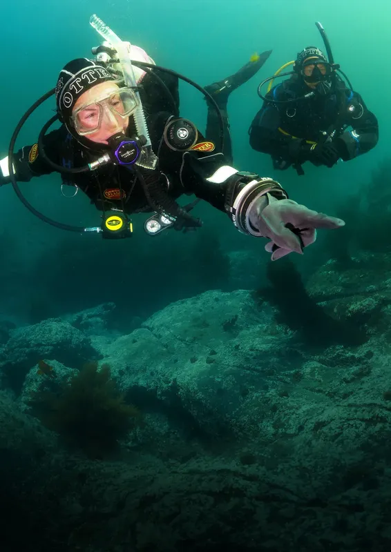 Deux plongeurs explorent un fond marin rocheux en scaphandre complet