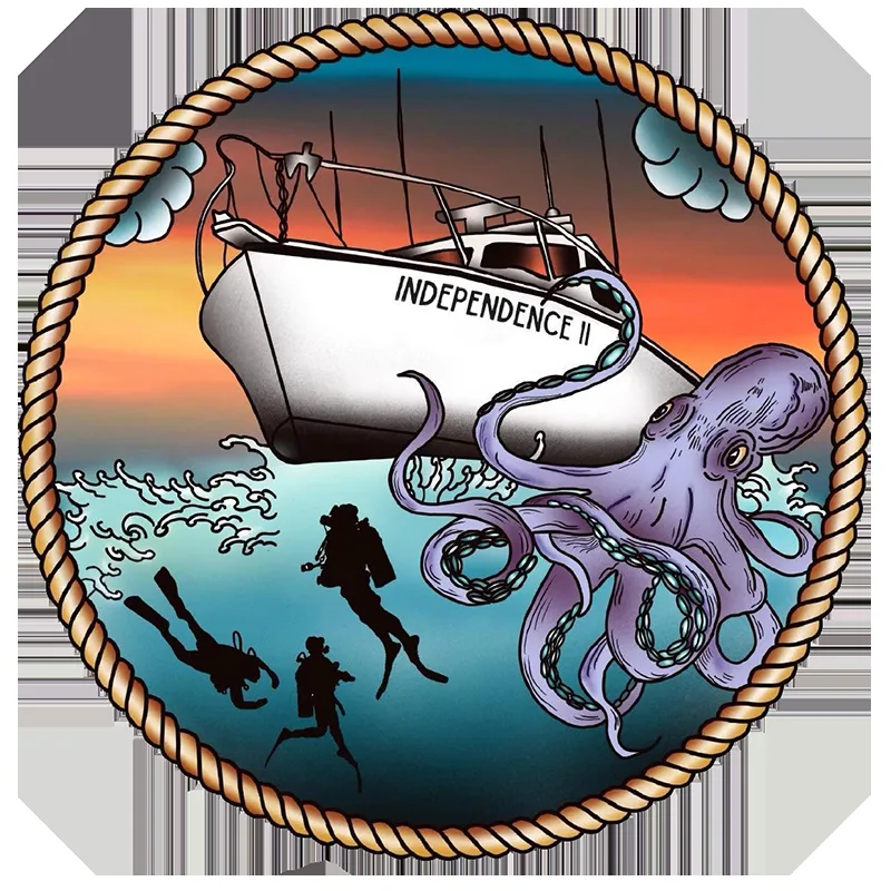 Illustration d'un bateau, de plongeurs et d'une pieuvre dans l'océan