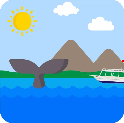 Illustration d'une queue de baleine, bateau et montagnes sous le soleil