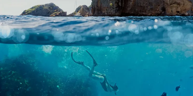 Apnée en mer, nageur explorant les fonds marins avec palmes