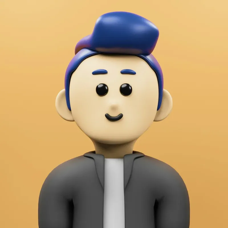 Portrait d'un personnage cartoon souriant aux cheveux bleus et veste grise