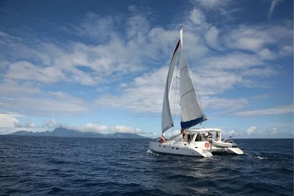 Catamaran en navigation sur une mer bleue avec des montagnes en fond