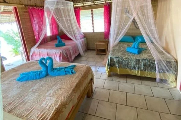 Chambres avec lits décorés de serviettes en forme de cygnes