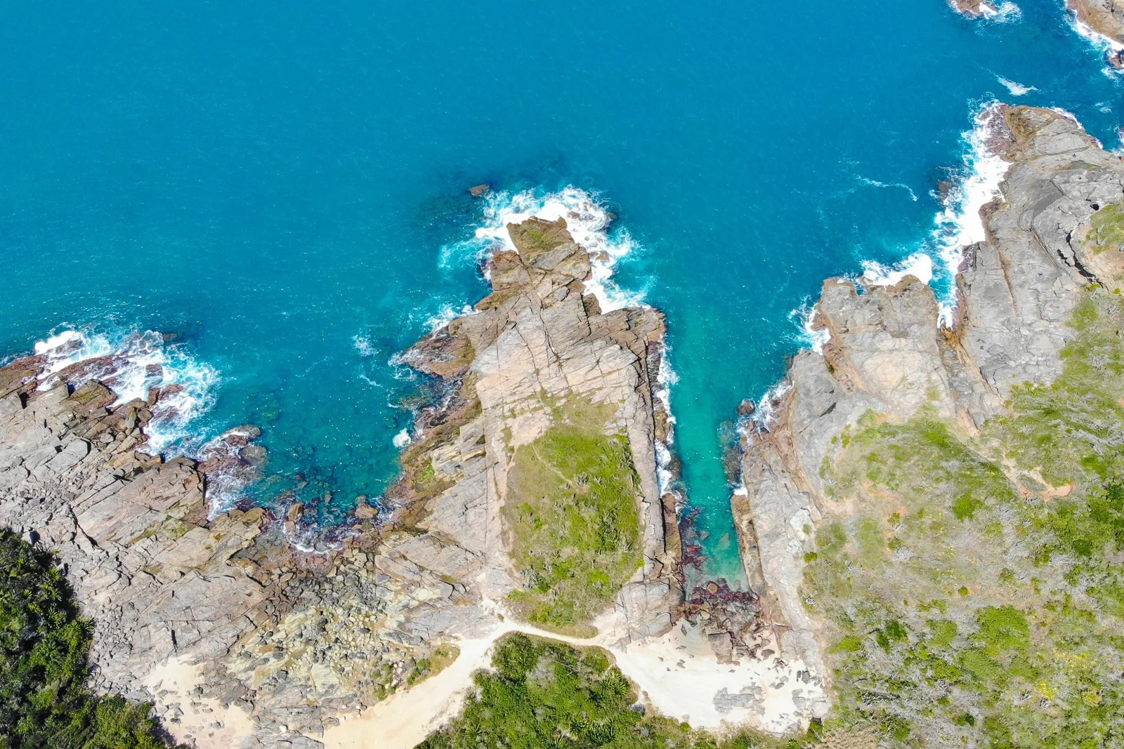 Vue aérienne d'une côte rocheuse avec des vagues et végétation