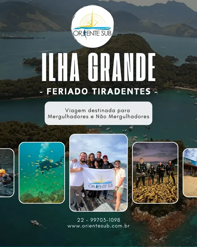 Affiche promotionnelle avec des plongeurs et un paysage marin brésilien