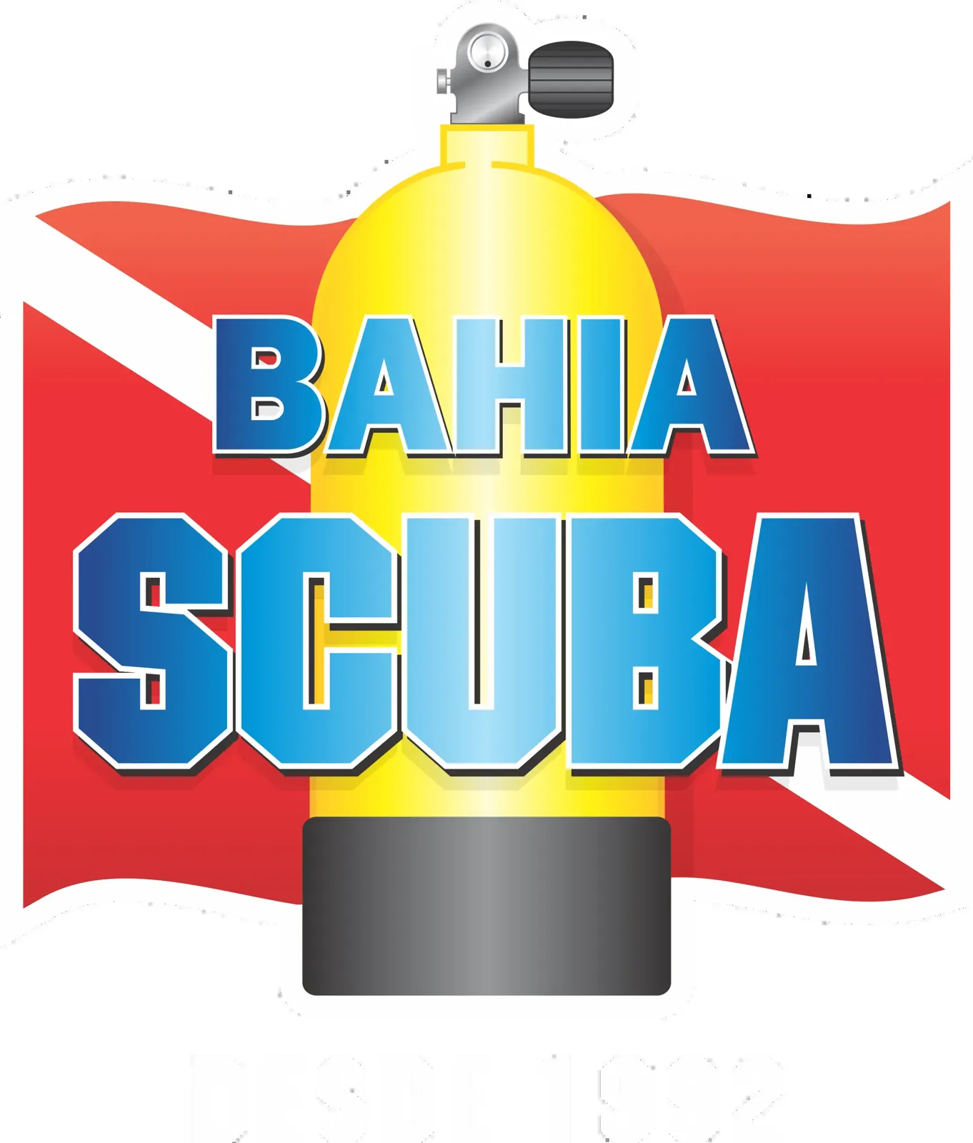 Bouteille de plongée jaune avec le texte Bahia Scuba en bleu