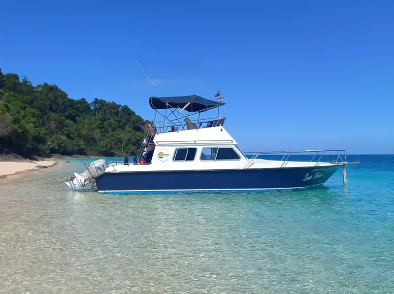 Bateau de plongée amarré dans une eau turquoise près d'une plage