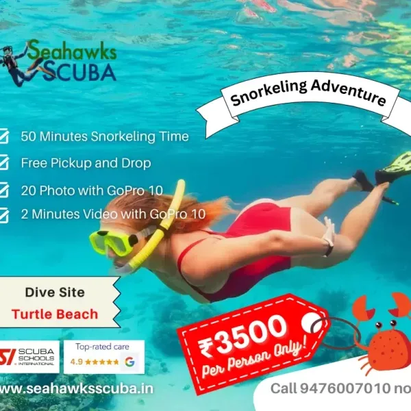 Personne faisant du snorkeling dans une eau turquoise avec des informations promotionnelles