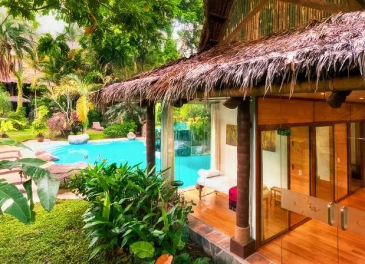 Bâtiment avec toit de chaume, piscine et végétation tropicale luxuriante