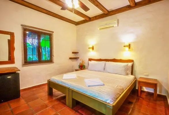 Chambre d'hôtel avec deux lits simples, climatisation et décoration tropicale