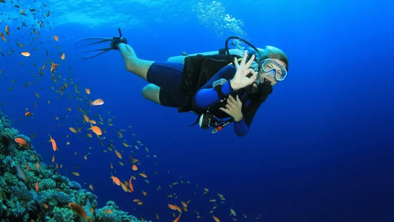Plongeuse souriante en pleine eau entourée de petits poissons colorés