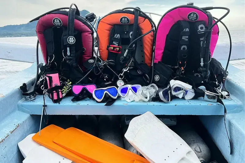 Equipement de plongée complet : gilets, détendeurs, masques et palmes