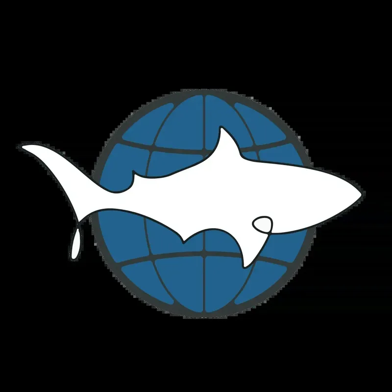 Requin blanc nageant devant un globe terrestre bleu et stylisé