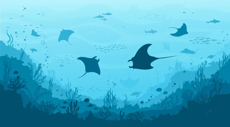 Raies manta et poissons nagent dans un récif corallien bleu