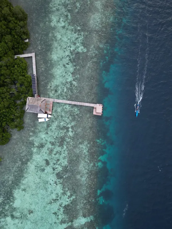 Vue aérienne d'un centre de plongée avec ponton et bateau en mer