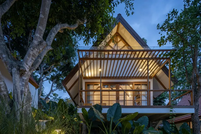 Bâtiment avec terrasse en bois, végétation luxuriante, lumière douce