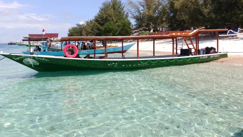 Bateau de plongée vert amarré sur une plage de sable blanc