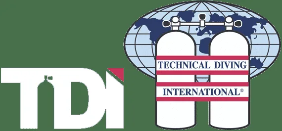 Logo TDI avec deux bouteilles de plongée et carte du monde