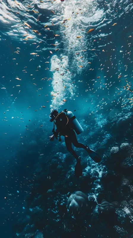 Plongeur en scaphandre explore un récifal corallien bleu profond