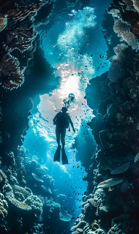 Plongeur explorant une grotte sous-marine avec des rayons de soleil