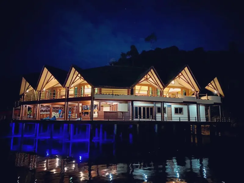 Bâtiment éclairé au bord de l'eau, reflets bleus nocturnes et végétation