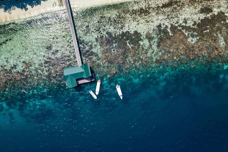 Vue aérienne d'un centre de plongée avec ponton et bateaux amarrés