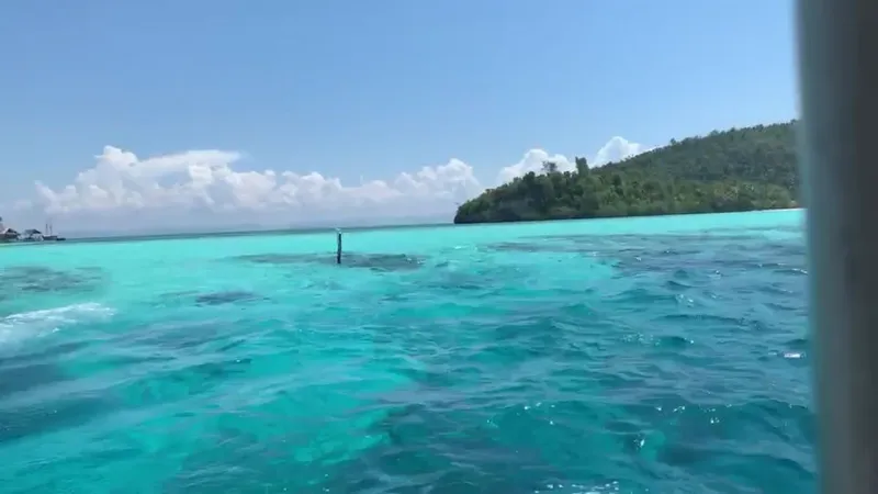 Vue depuis un bateau sur une eau turquoise et une île