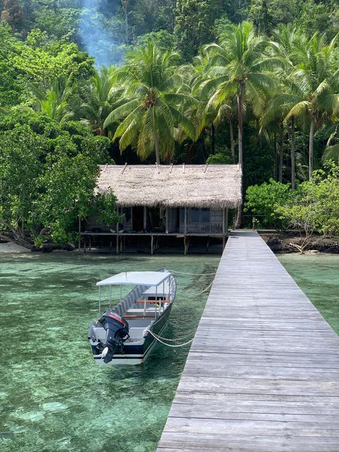 Bateau amarré à un ponton devant une cabane tropicale luxuriante