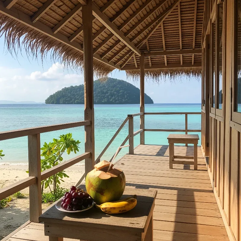 Terrasse en bois avec vue sur mer, fruits exotiques et végétation