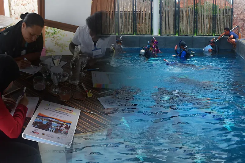 Personnes travaillant et apprenant près d'une piscine avec des plongeurs